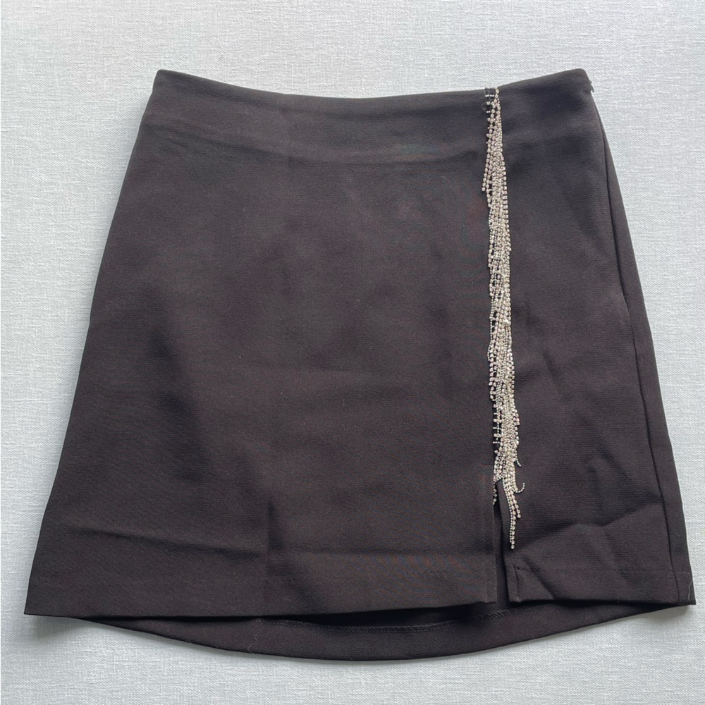 Small Vero Moda Black Mini Skirt with Silver Rhinestone Funky Fringes w/slit